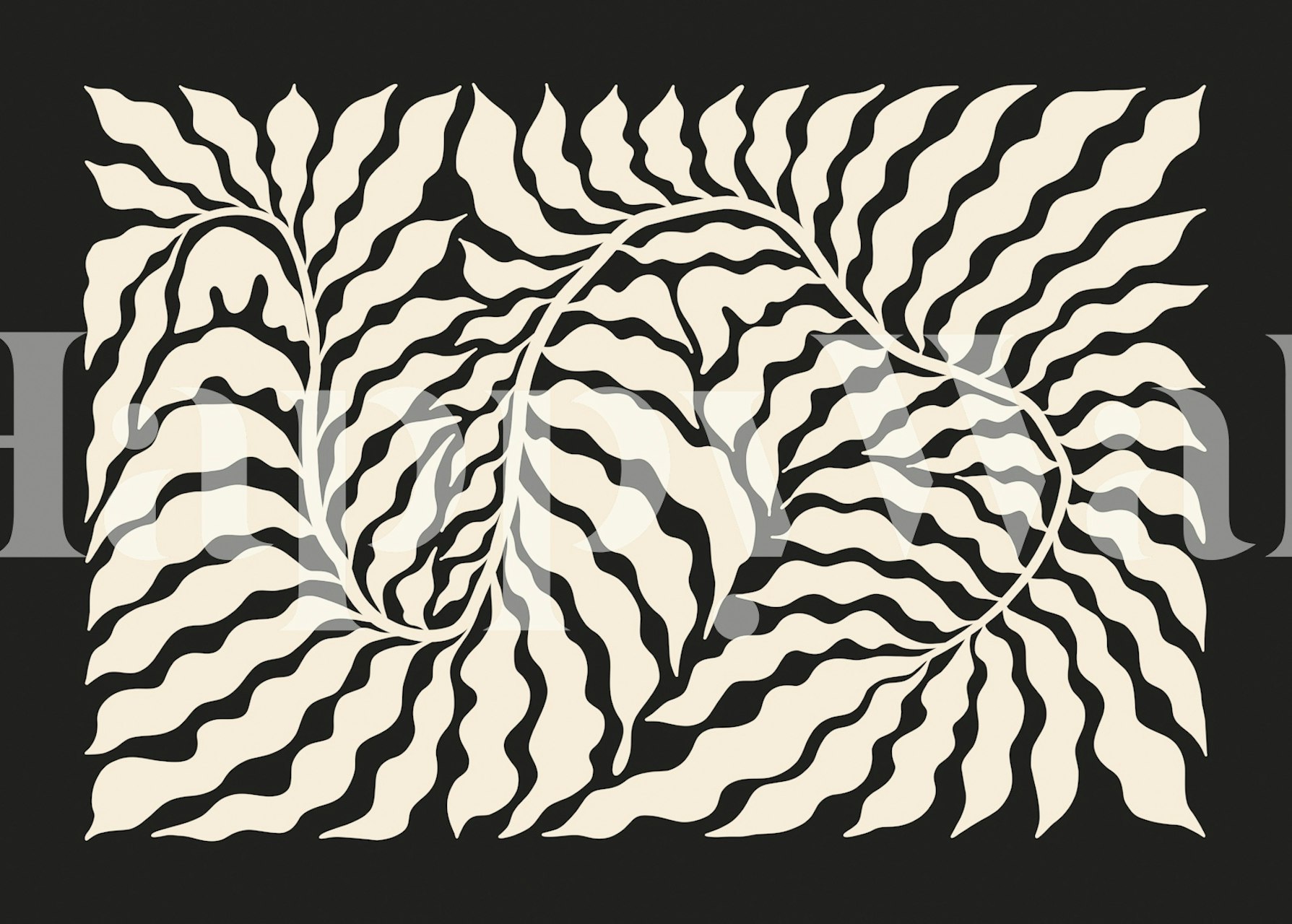 Leafy waves pattern in black and cream colors wallpaper