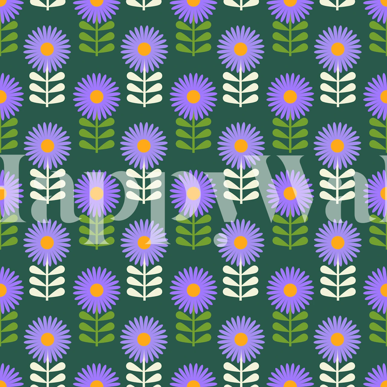 Purple flowers with green leaves pattern wallpaper