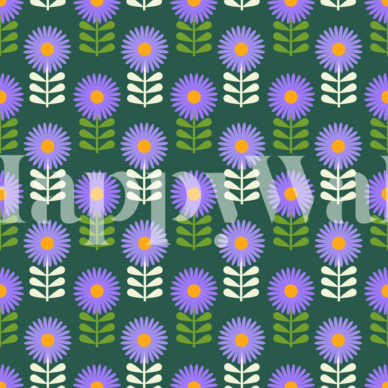 Purple flowers with green leaves pattern wallpaper