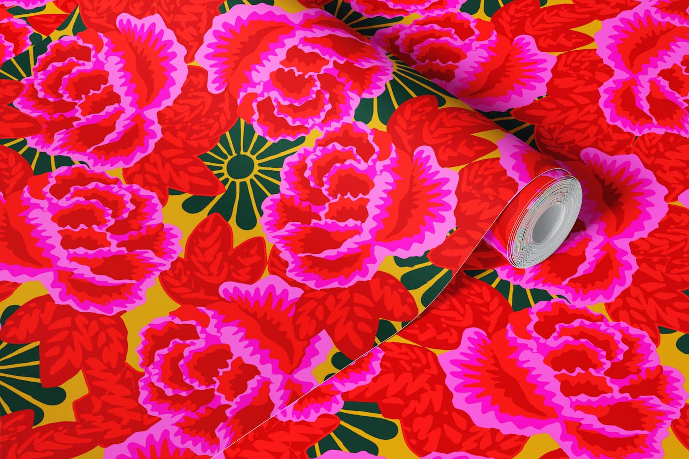 Bold Red Fuchsia Rose Blooms wallpaper roll