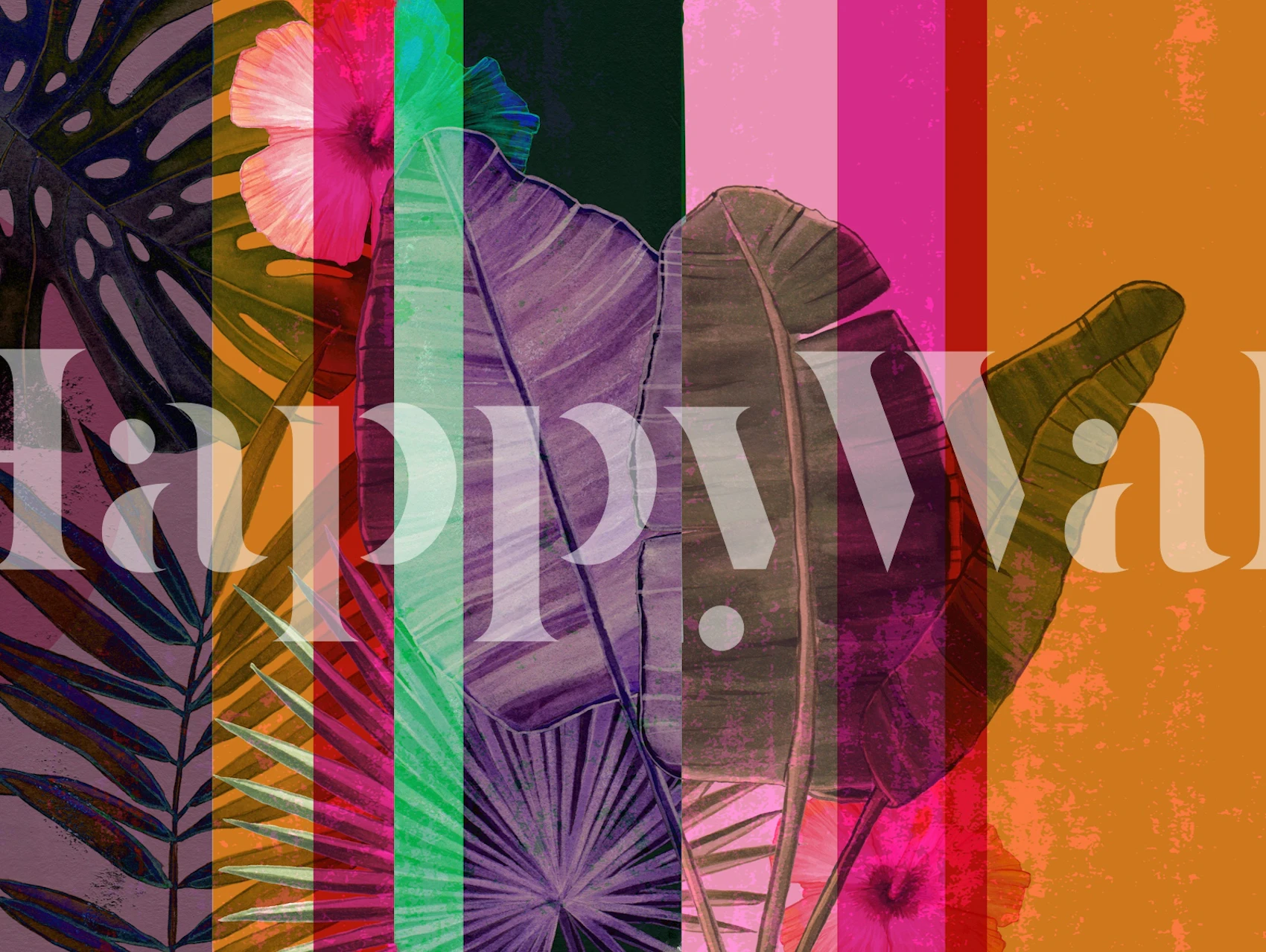 Tropical floral leaves with colorful striped background wallpaper