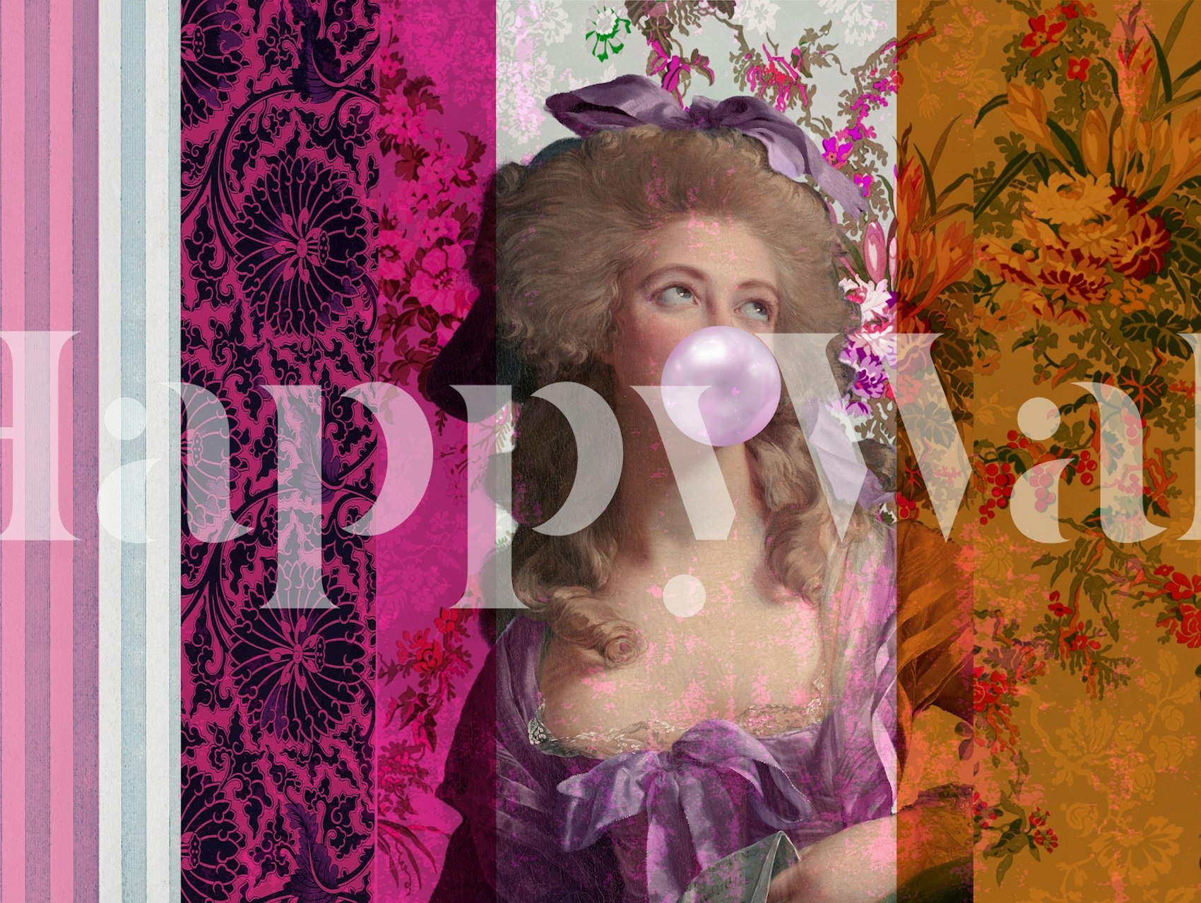 Pop art portrait of a woman blowing bubblegum, pink floral and striped background wallpaper