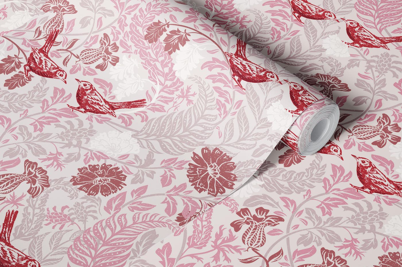 Cottage garden loving birds rosewood wallpaper roll