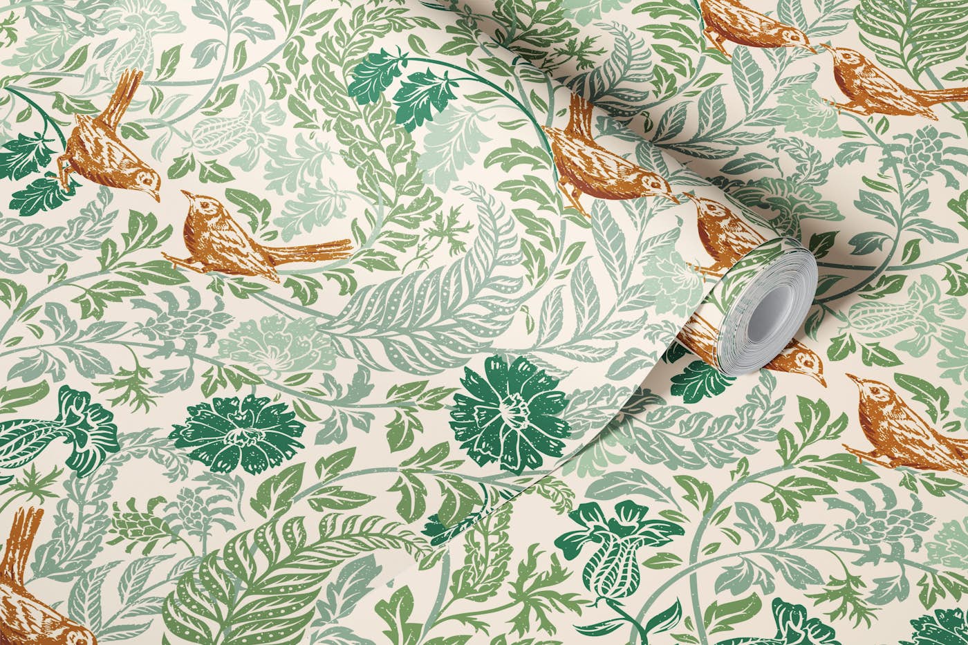 Cottage garden loving birds sage green wallpaper roll