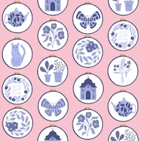Home Spun Embroidery Hoops in Blue on Pink wallpaper