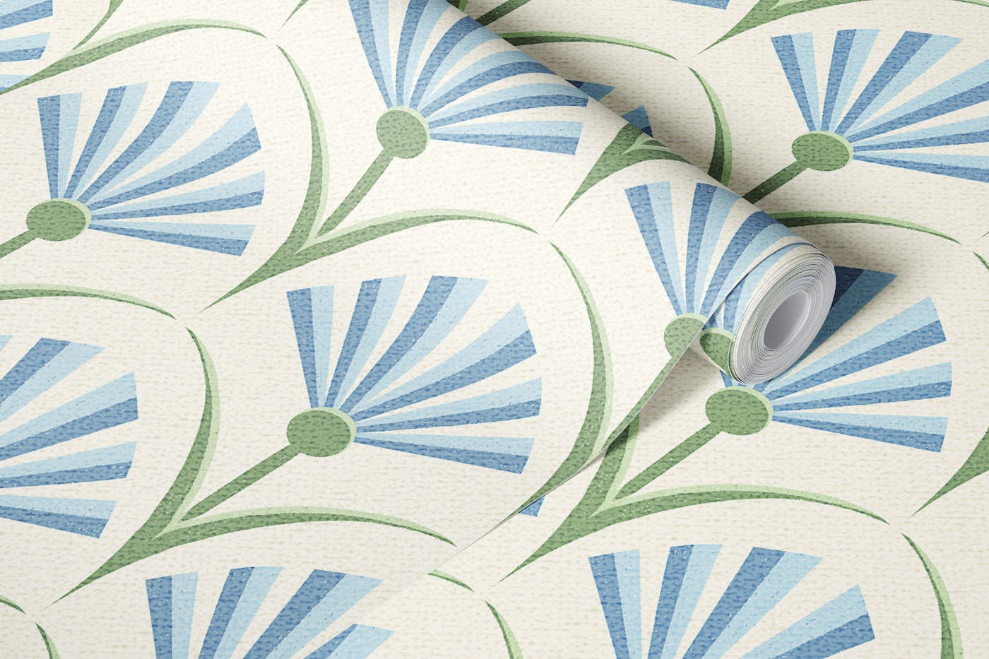 Cottagecore Floral Fans Blue Green Cream wallpaper roll
