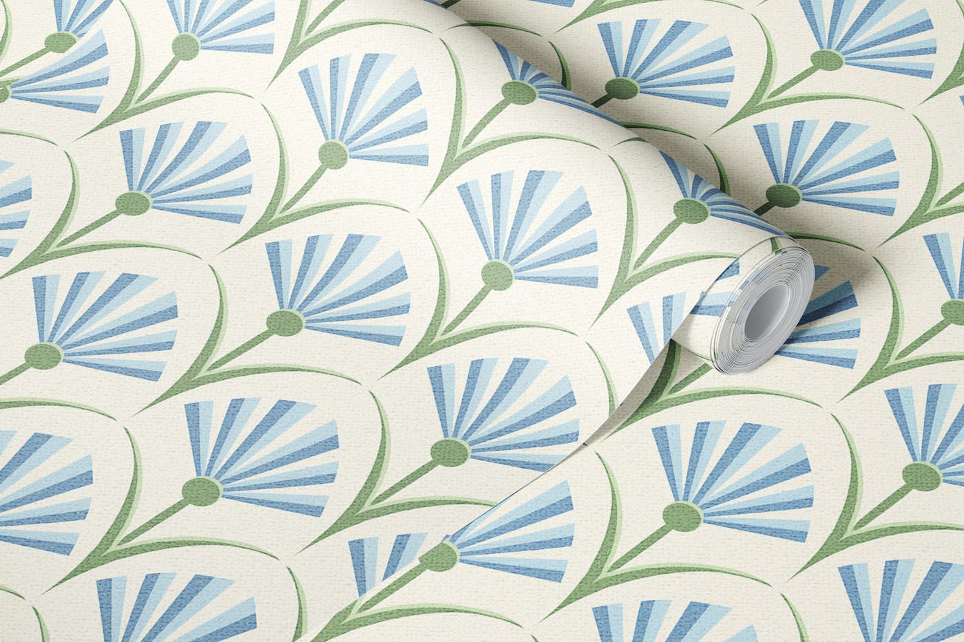 Cottagecore Blue Floral Fans Art Deco wallpaper roll
