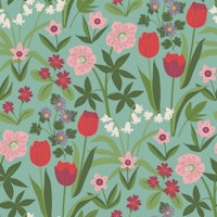 April Flower border - Red Tulips on sky Large tapet