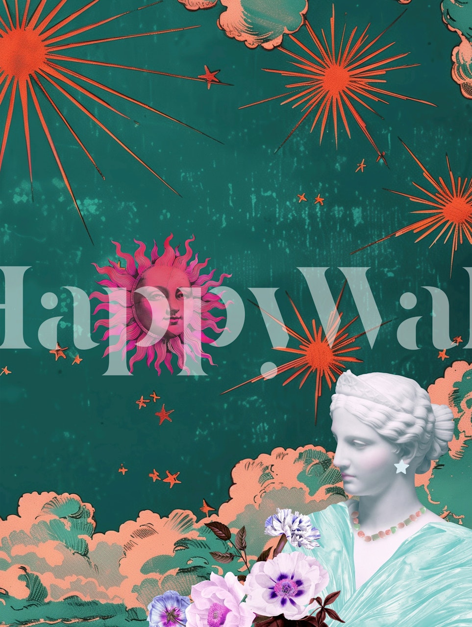 Vintage cosmic celestial wallpaper with floral motifs, green background, pink sun, and stars