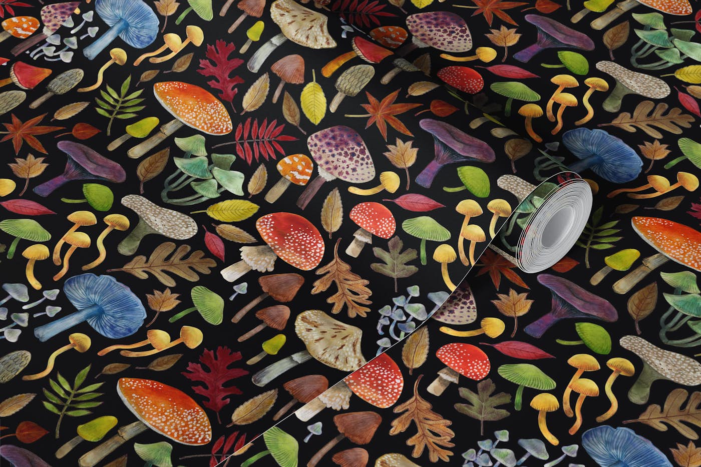 Watercolour Toadstools black small wallpaper roll