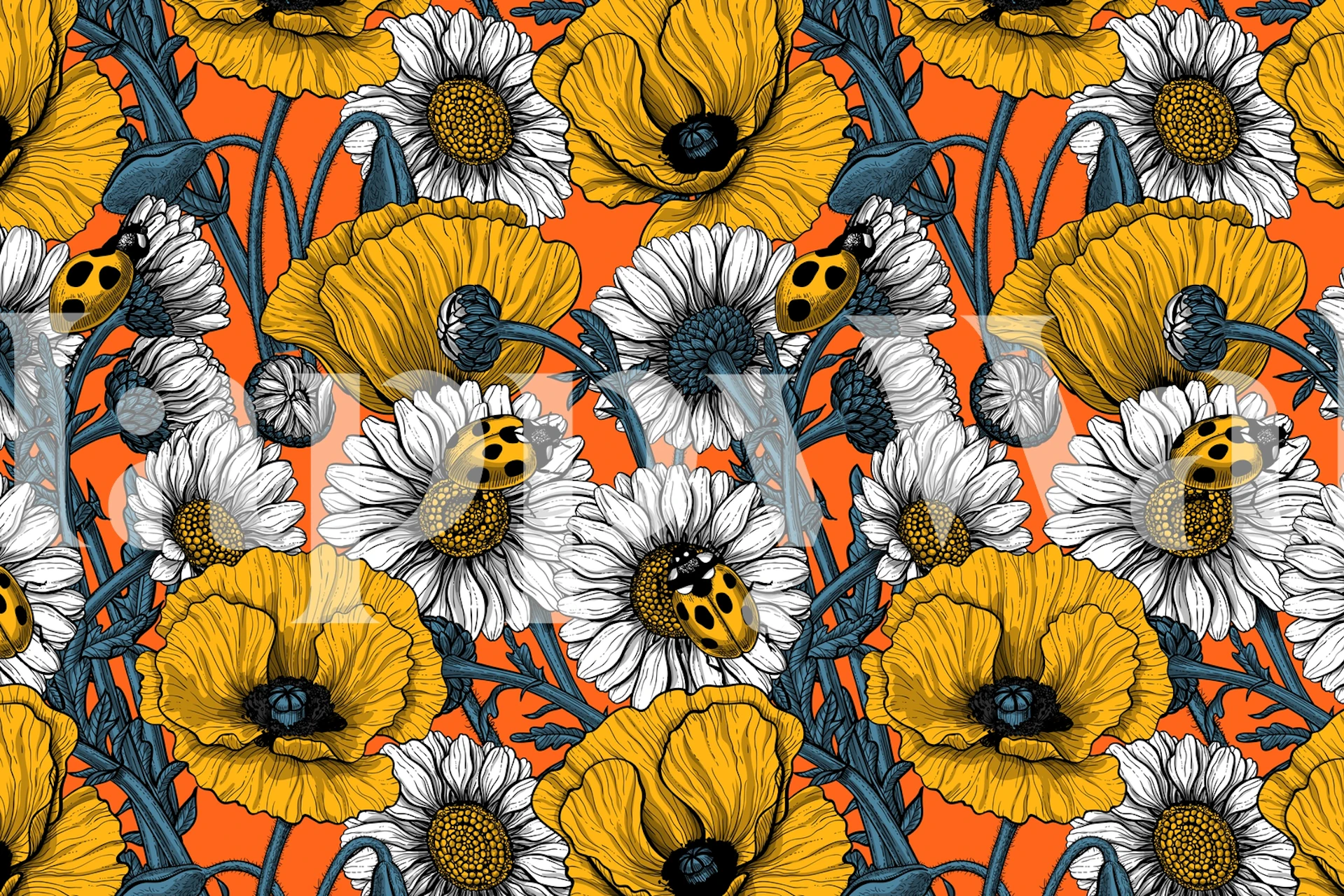 Yellow flowers and ladybugs on blue background wall mural