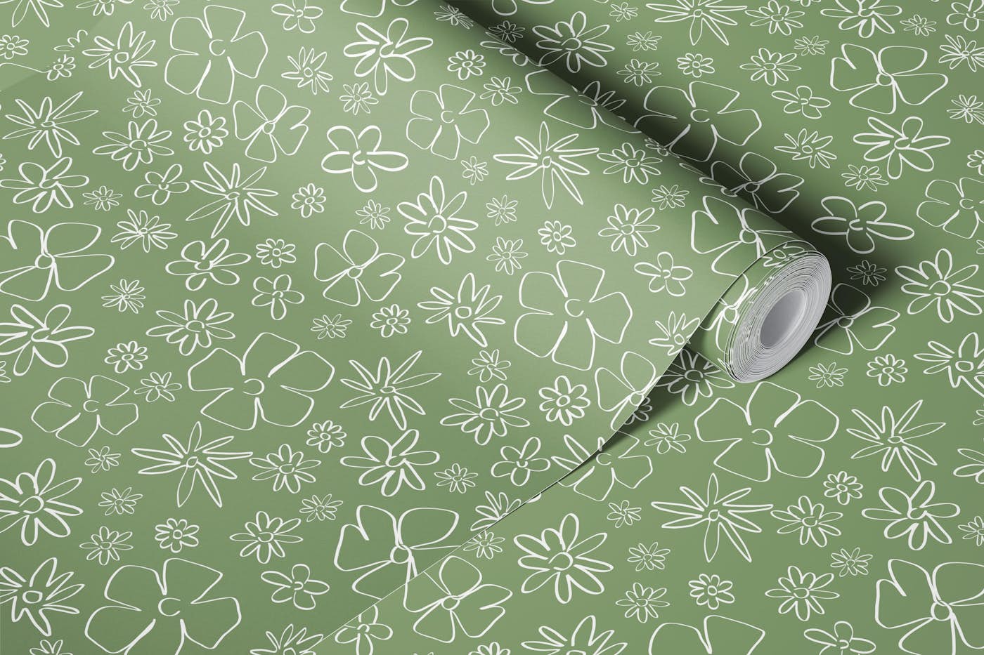 Simple Minimal White Line Flowers on Green wallpaper roll