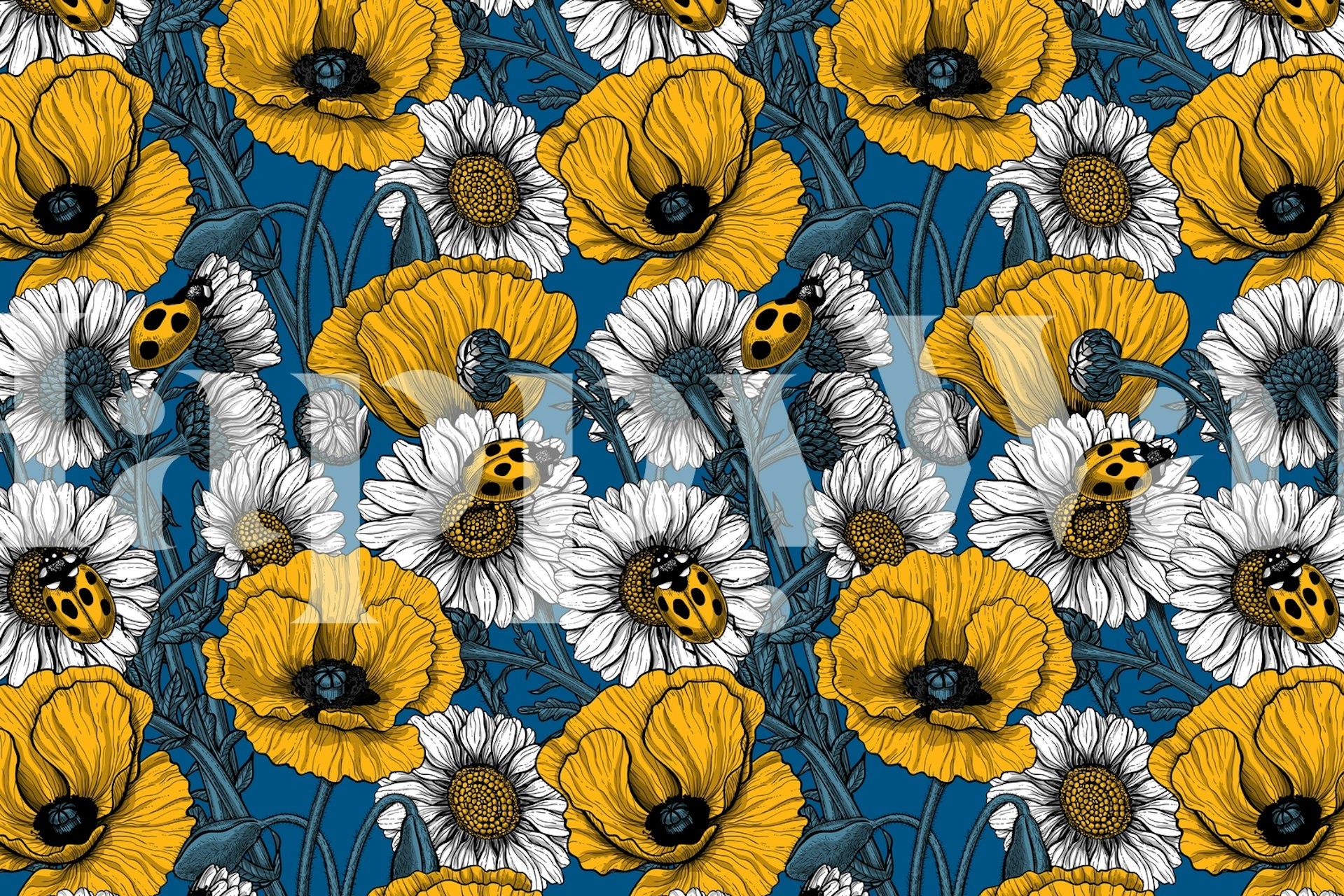 Yellow and white flowers with ladybugs on blue wallpaper