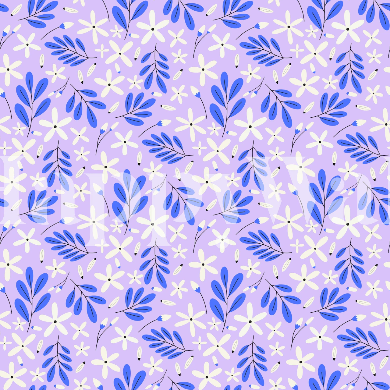 Purple floral wallpaper featuring blue leaves and white flowers in a botanical pattern