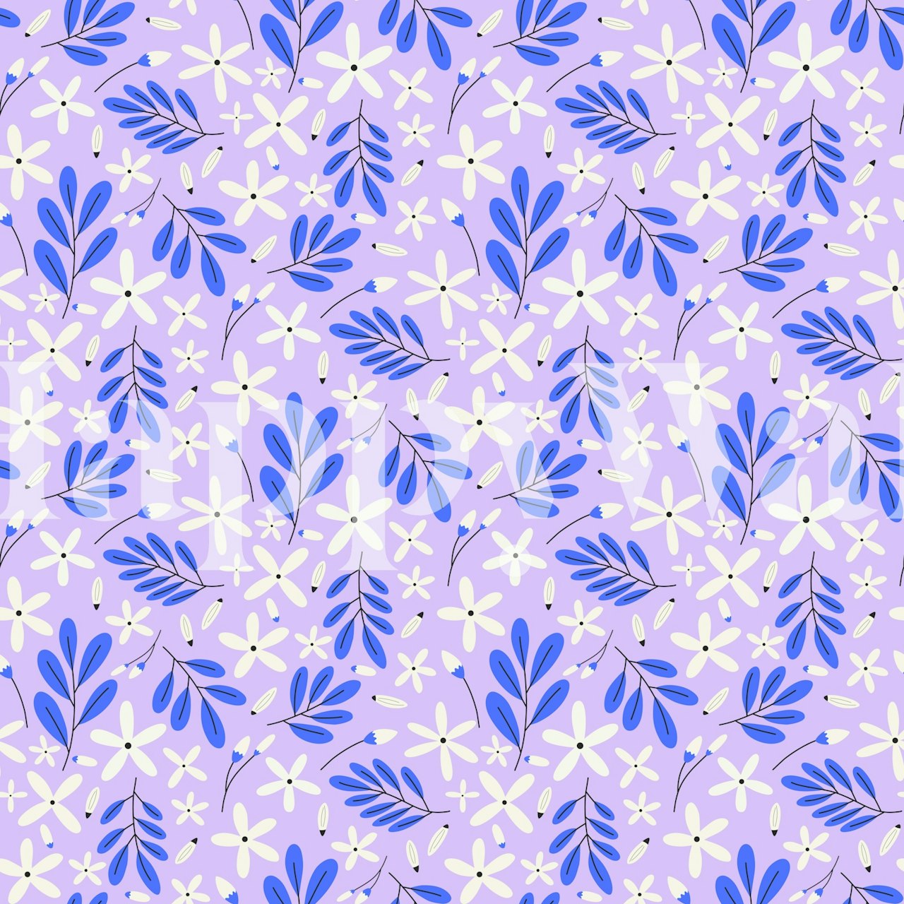 Purple floral wallpaper featuring blue leaves and white flowers in a botanical pattern