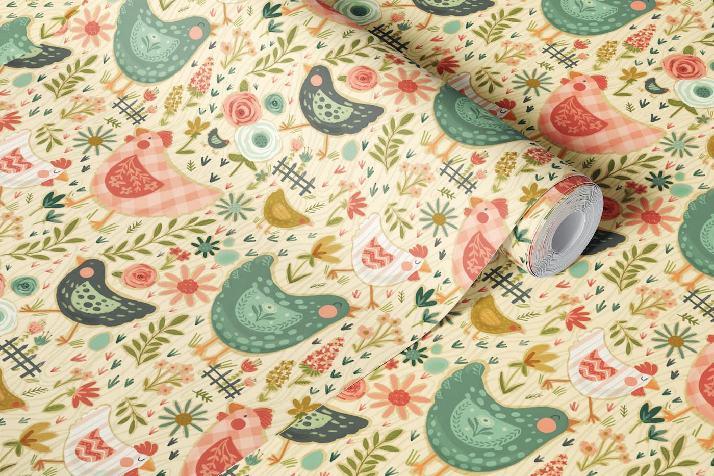Country Cottage Chickens - Cream - Small wallpaper roll