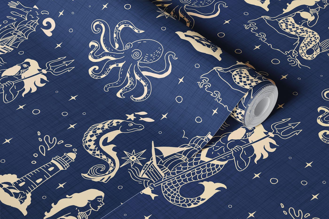 Nautical Mythology Inked - Retro Ocean Blue wallpaper roll