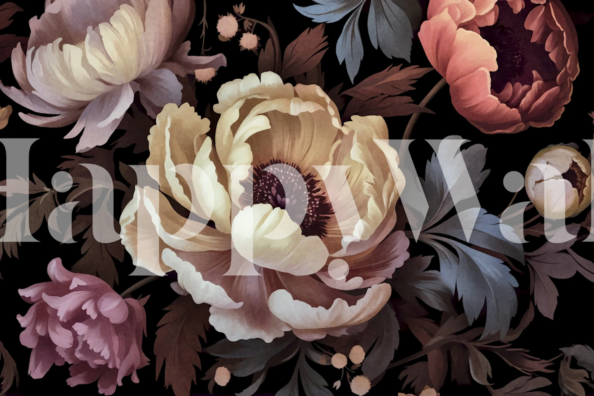Pastel floral patterns on black background wallpaper