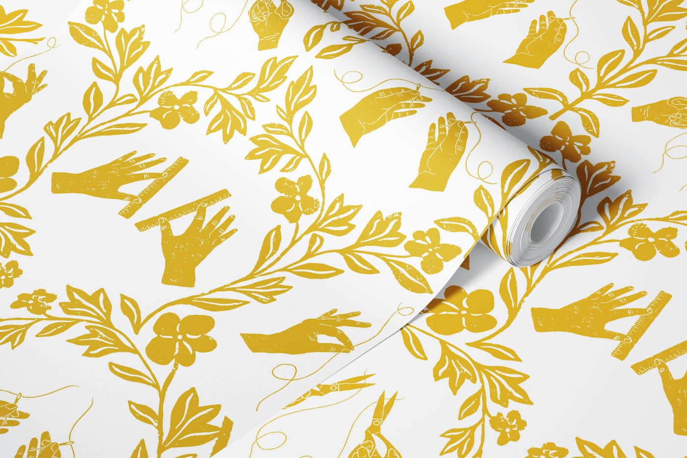 Sewing Hands With Scissors in Yellow Gold wallpaper roll