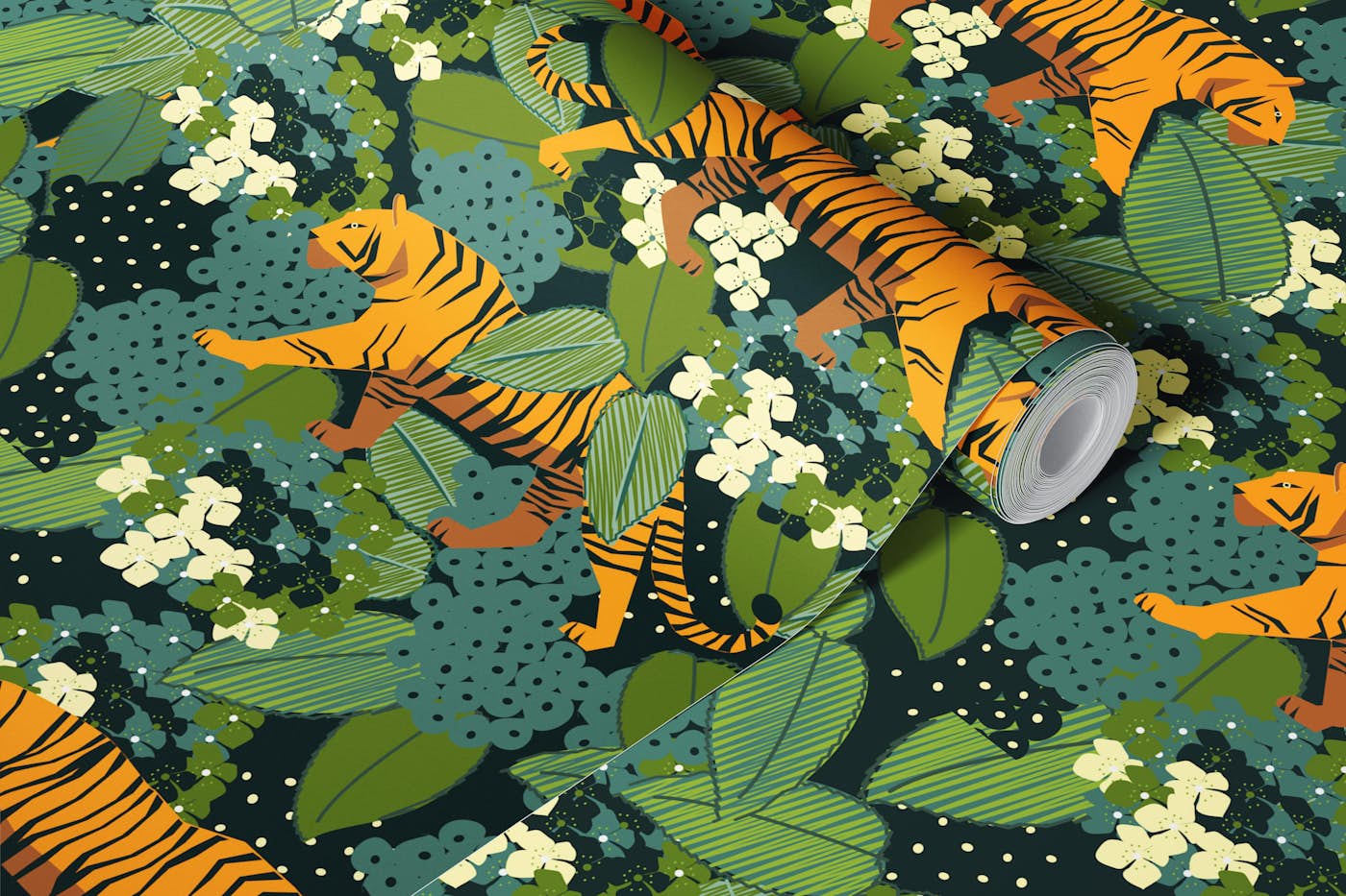 Tiger in Lush Lantana Jungle Dark Green wallpaper roll
