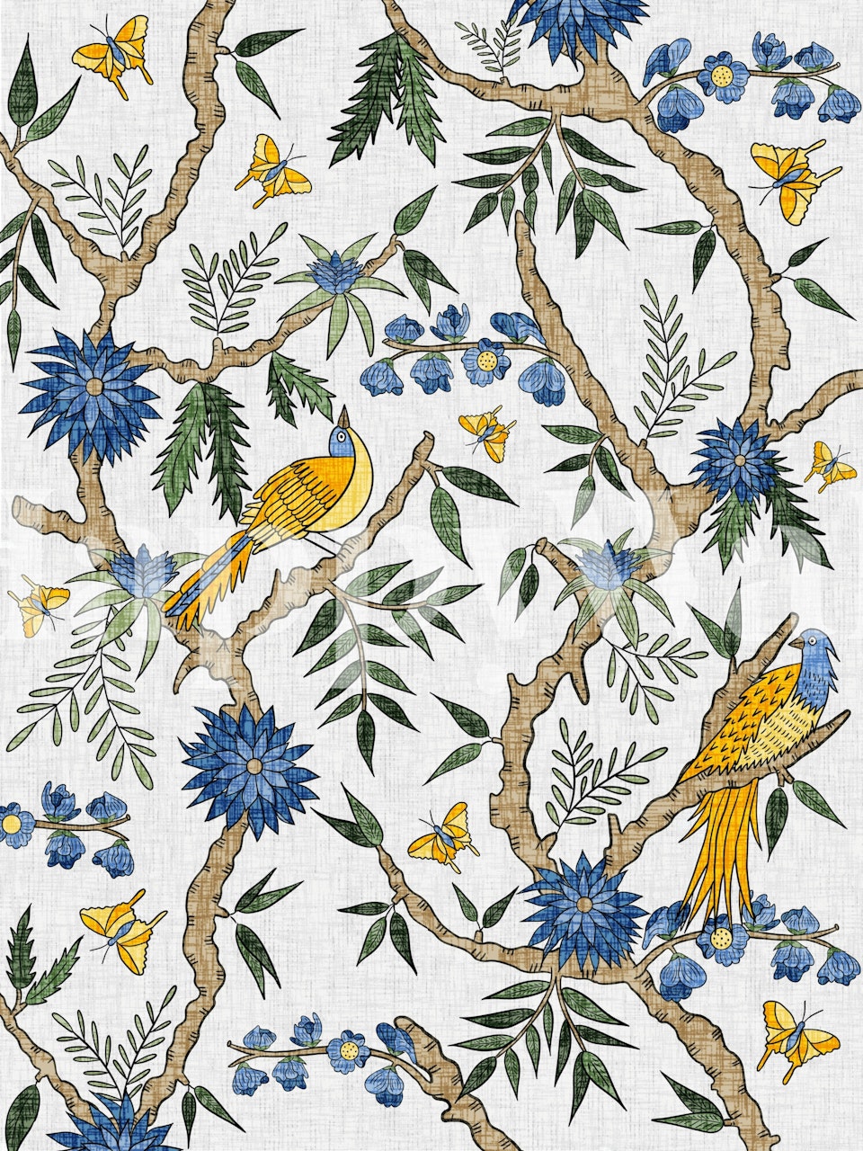 Chinoiserie floral wallpaper with yellow birds, blue flowers, and green leaves