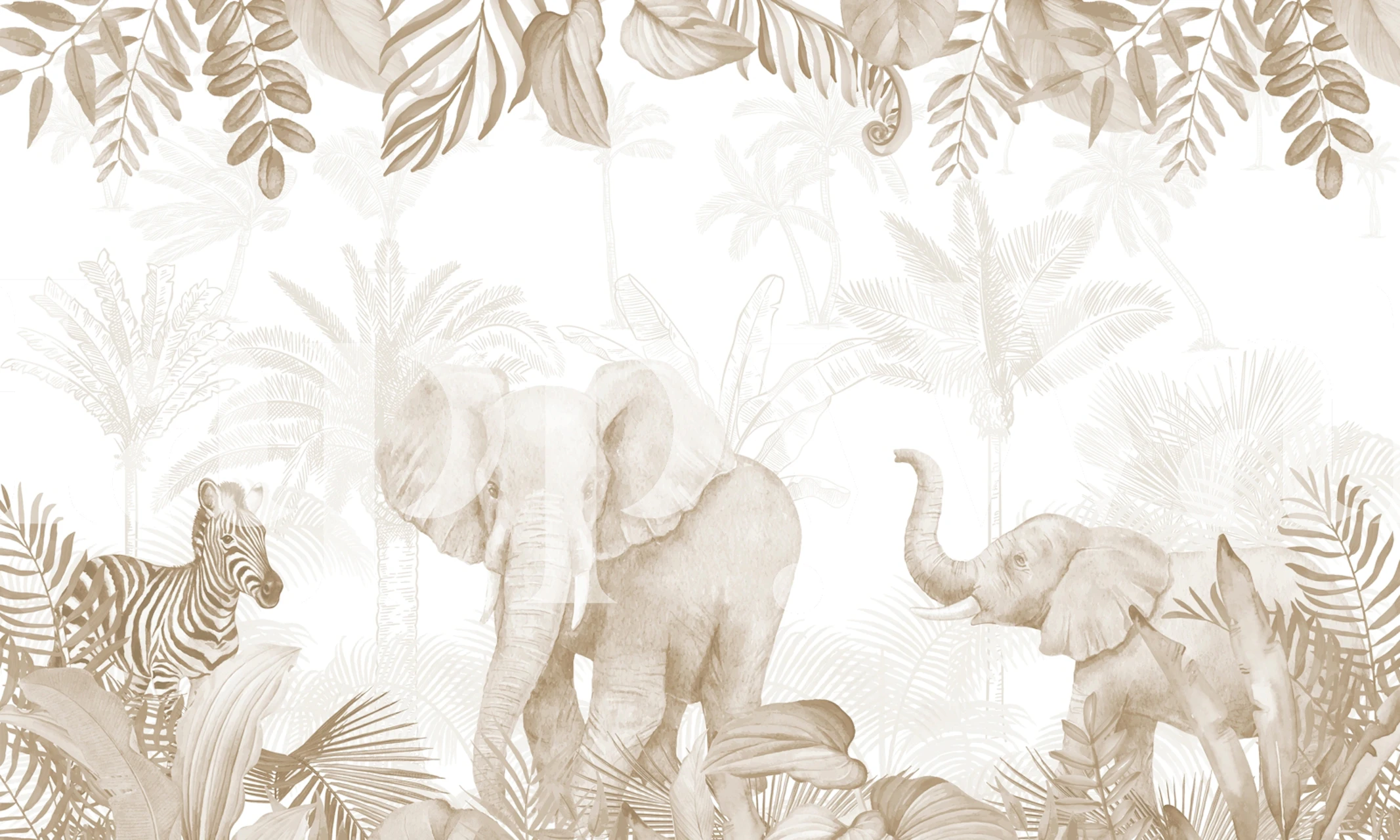 Elephants and zebra surrounded by tropical foliage wallpaper