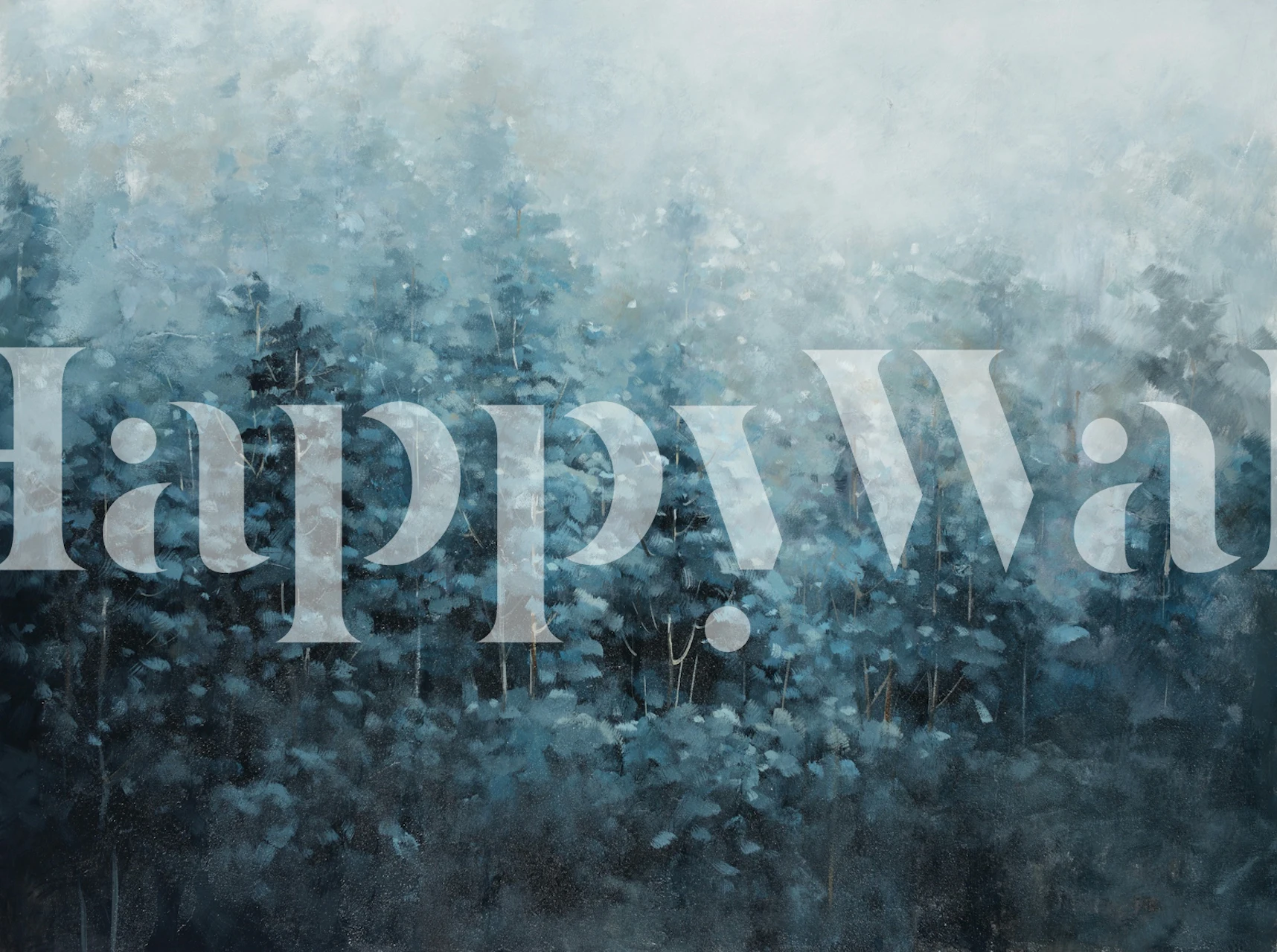 Impressionistic misty woods wallpaper in a room
