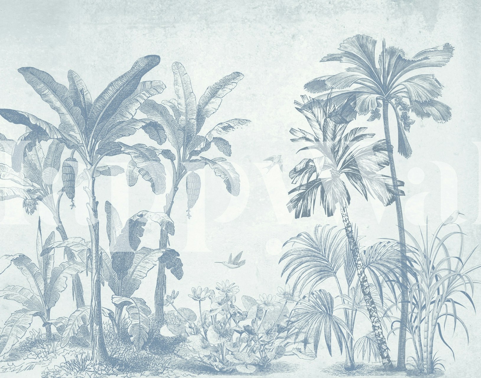 Vintage tropical banana patterned wallpaper in blue and white style