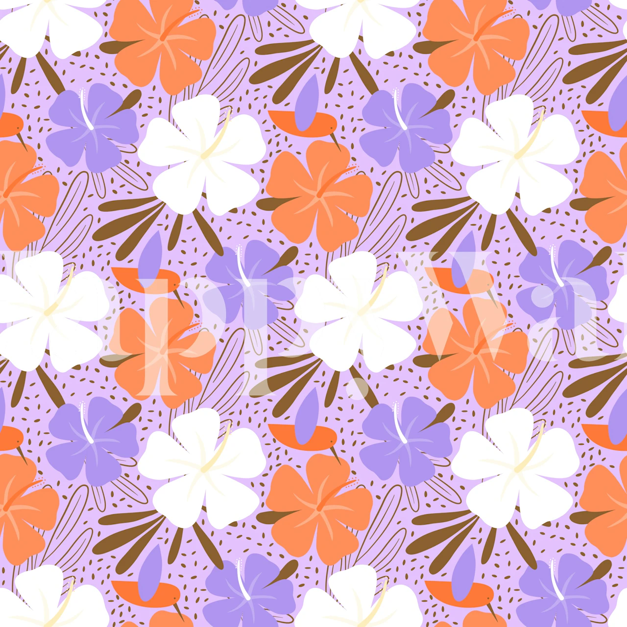 Colorful hibiscus flowers in orange, pink, and white on lavender background wallpaper