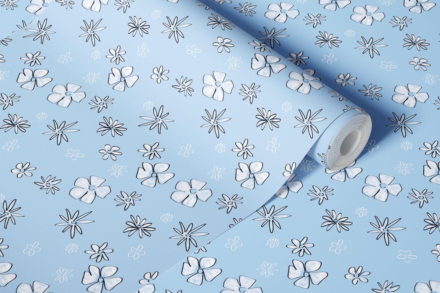 Soft Pastel Blue & White Flower Field Pattern wallpaper roll