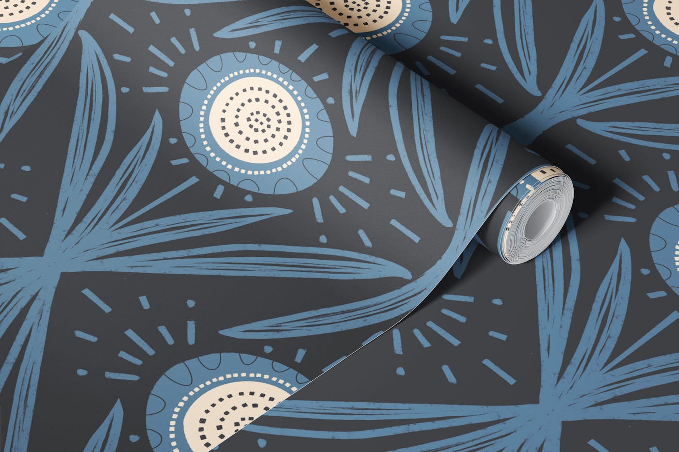 Folk Bloom Dusty Blue Charcoal Retro Floral wallpaper roll