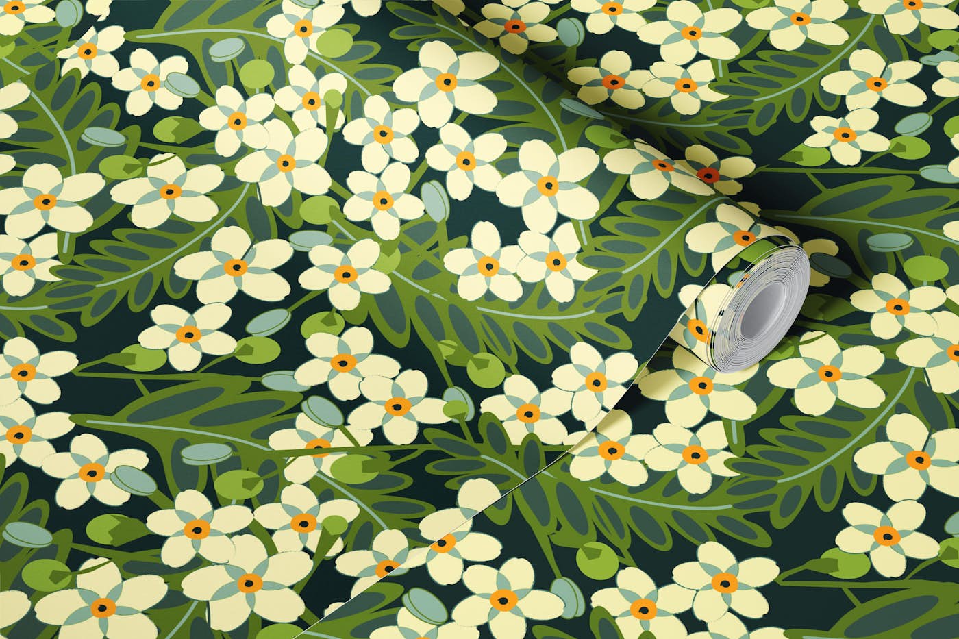 Cream Wildflower Botanical on Dark Green wallpaper roll