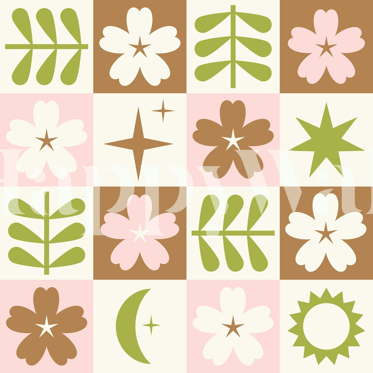 Checkered Stardust and Primroses tapet i ett rum