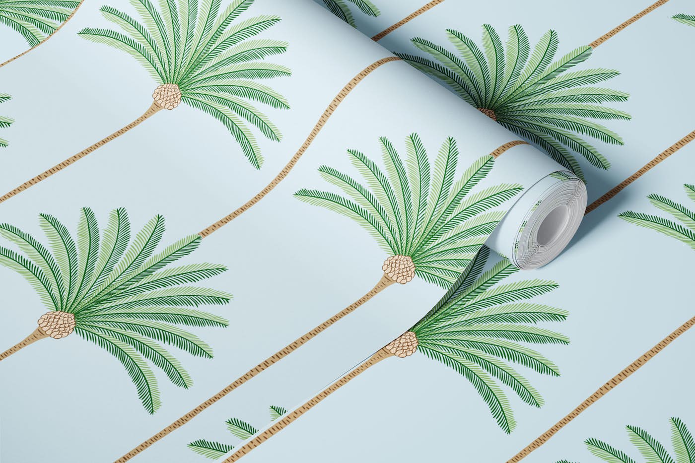 Palm stripes - green and brown on icy blue wallpaper roll