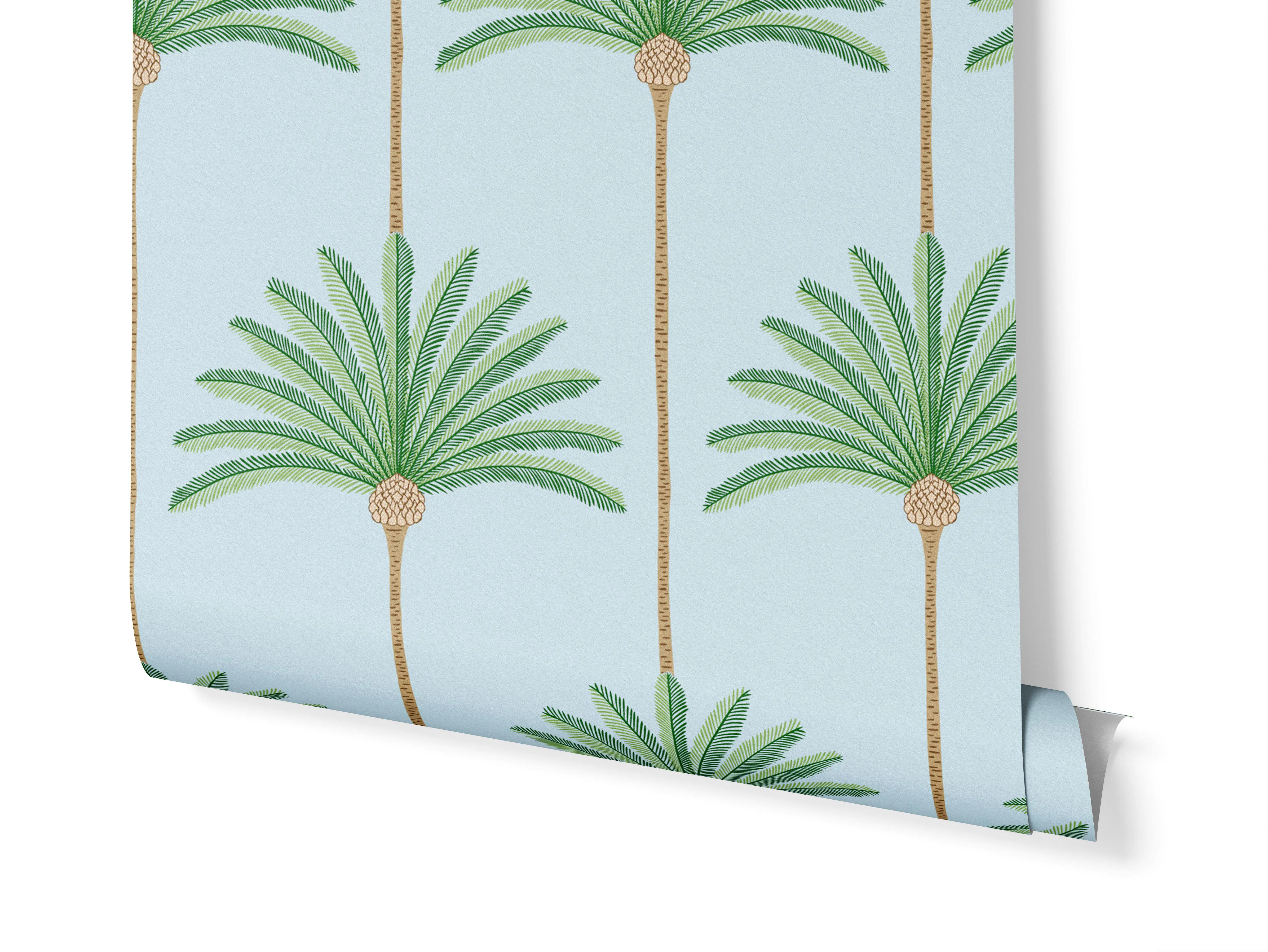 Palm stripes - green on icy blue - medium wallpaper roll