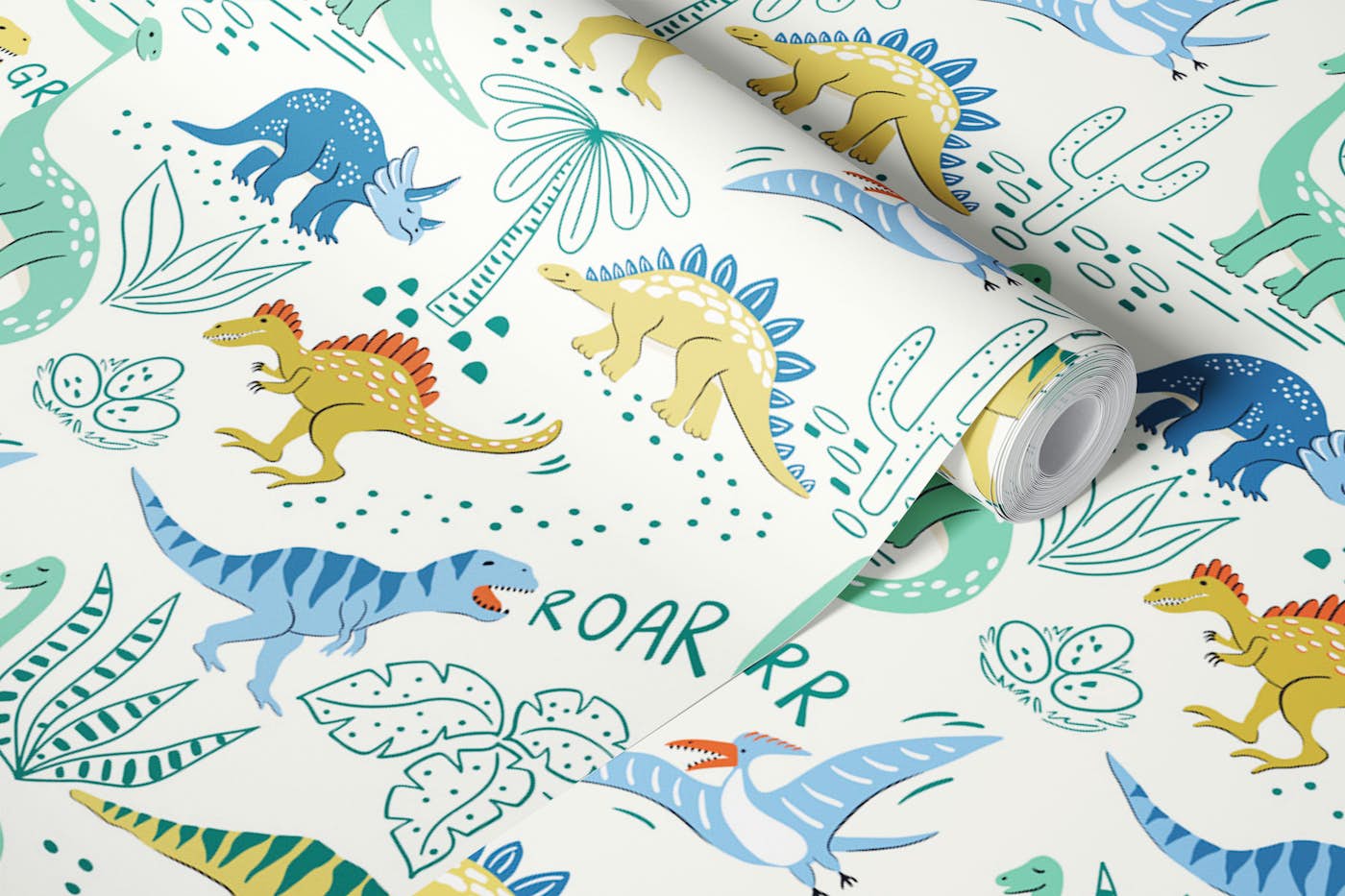 Dinosaurs - green and blue wallpaper roll