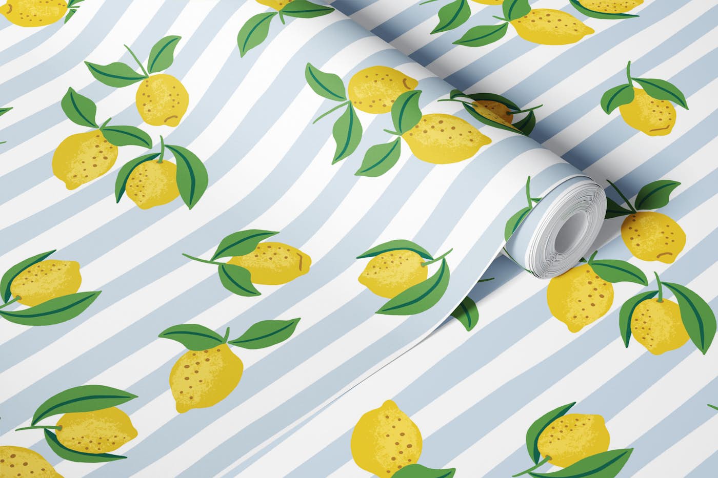 Lemons on hand drawn blue stripes wallpaper roll