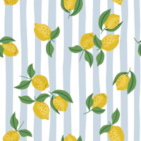 Lemons on hand drawn blue stripes tapet
