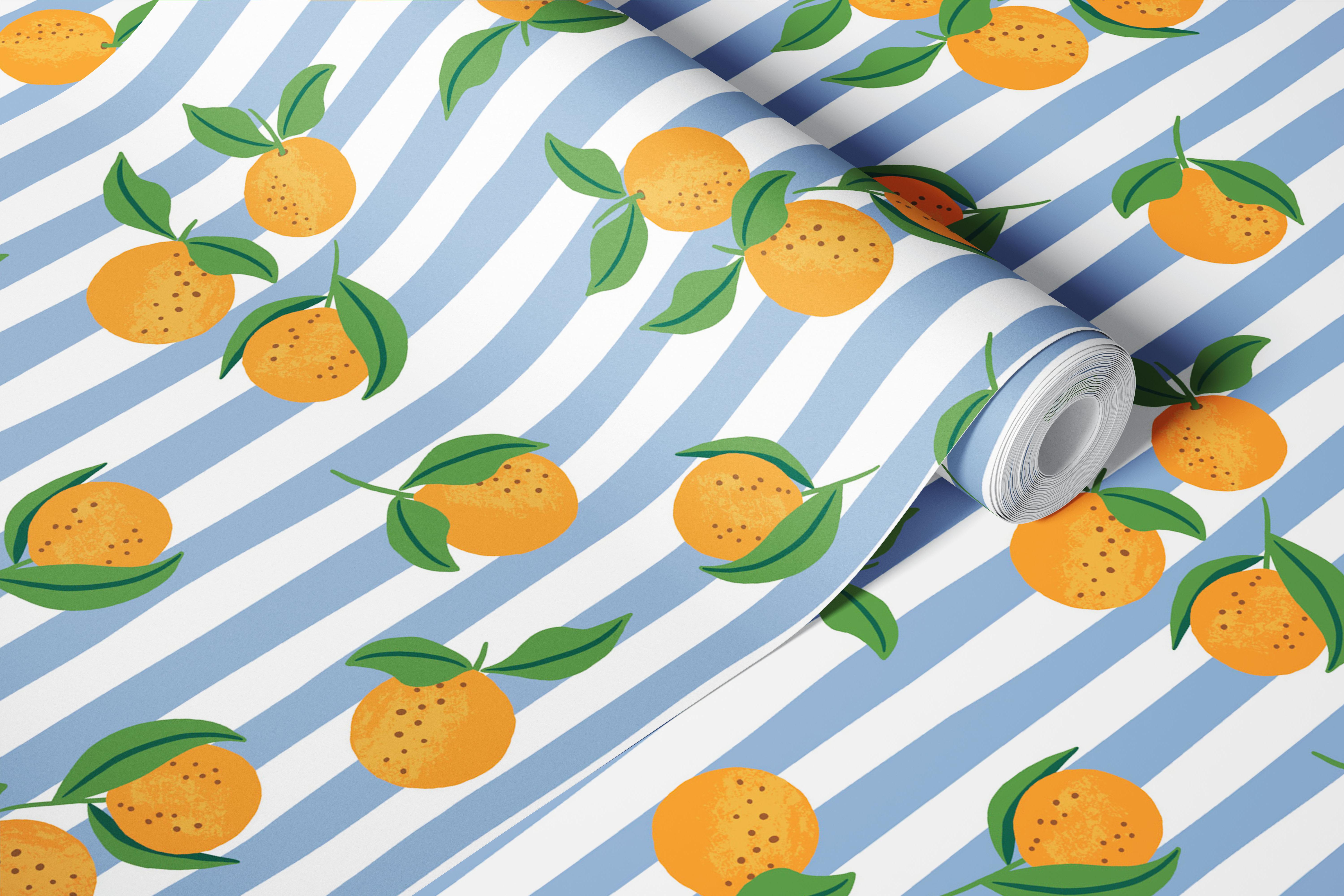 Hand-drawn oranges on blue and white striped wallpaper