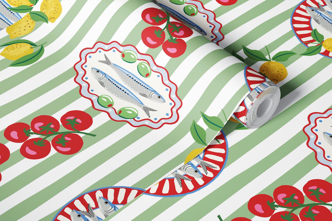 Sardine plates on green stripes wallpaper roll