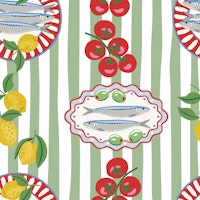 Sardine plates on green stripes wallpaper