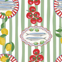 Sardine plates on green stripes tapet