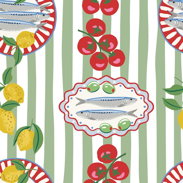 Sardine plates on green stripes
