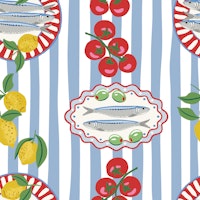 Sardine plates on blue stripes wallpaper