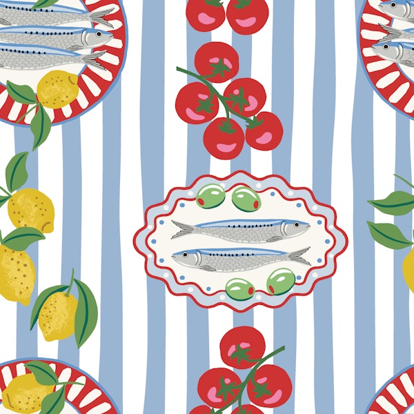 Sardine plates on blue stripes