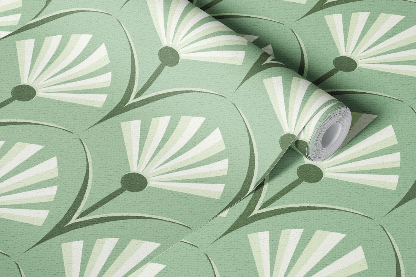 Sage Green Floral Fans Cottagecore Flowers wallpaper roll