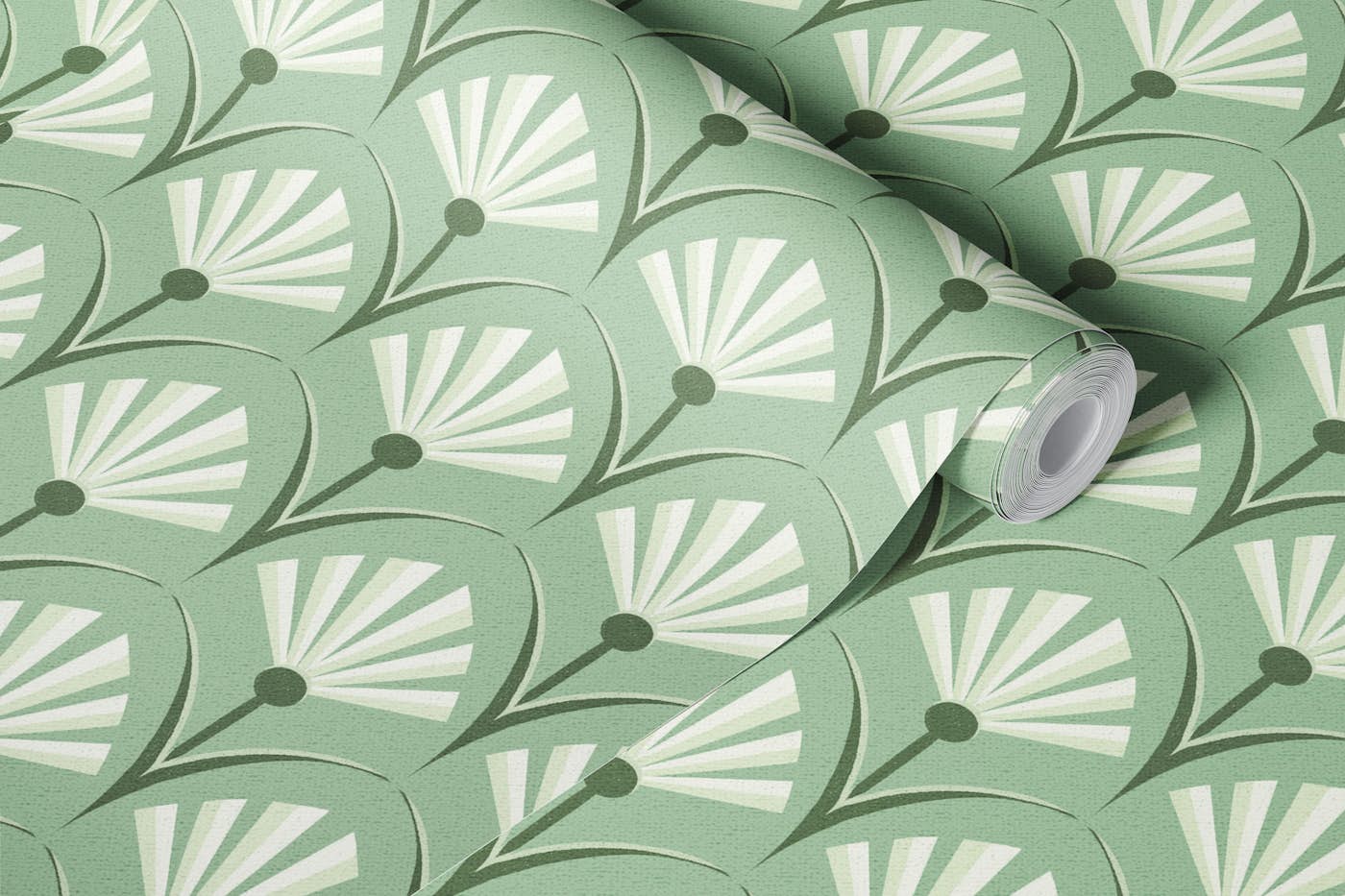 Sage Green Floral Fans Art Deco Flowers wallpaper roll
