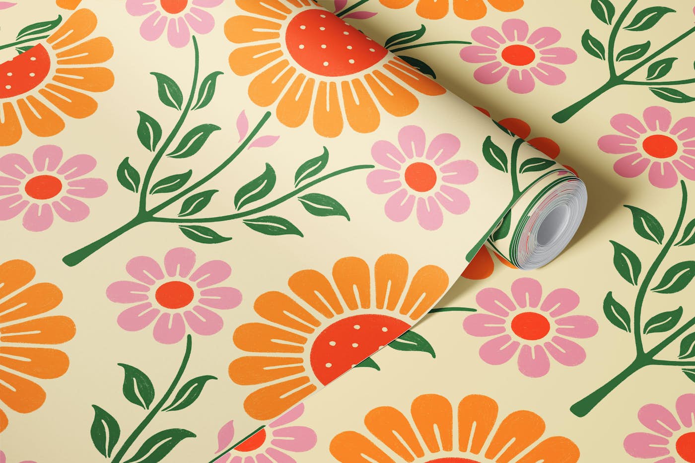 Daisy Garden - Orange Flower with Green Leaf wallpaper roll