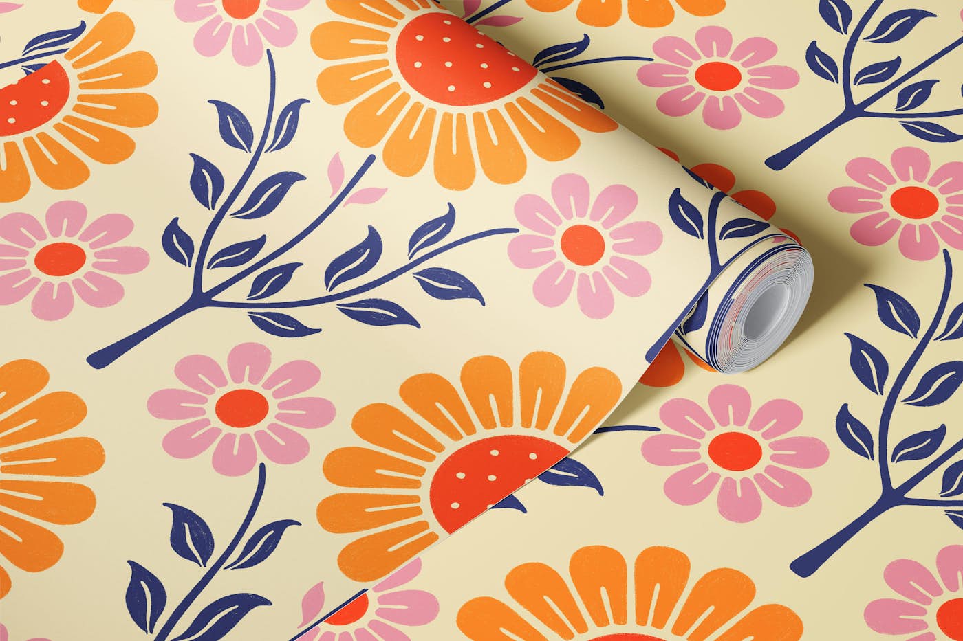 Daisy Garden - Orange Flower with Blue Leaf wallpaper roll