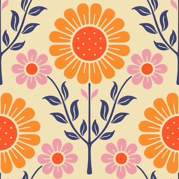 Retro Scandi Daisy Garden - Orange with Blue